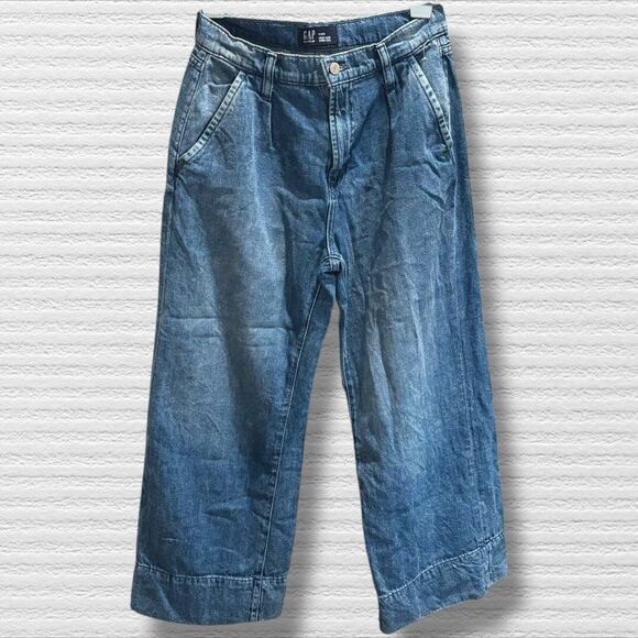 GAP High Rise Wide Leg Jeans 6/28 Short Medium Wash 100% Cotton 90s Pleated - Picture 2 of 9